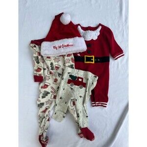 Mixed Brands Baby Christmas 3pc Footed Zip Sleepers + My 1st Christmas Hat 0-3M